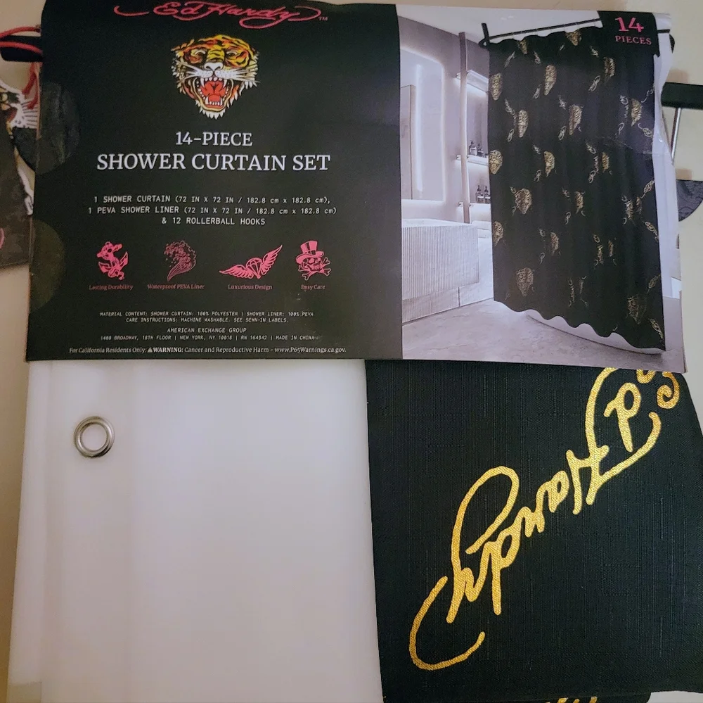 Ed Hardy Gold and Black Shower Curtain Set New With Tags Black gold